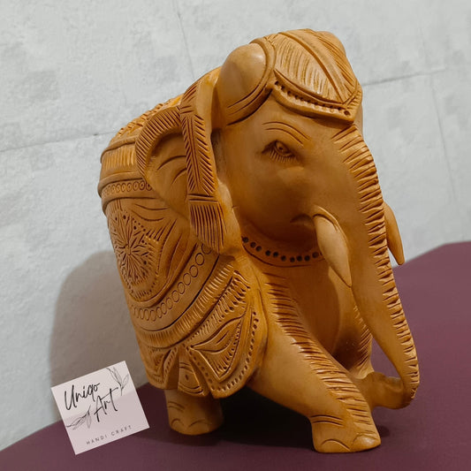 Uniqo Art Handcrafted Wooden Elephant Pair | Down Trunk Statue | Antique Hand-Carved Home Décor Showpiece (Brown)