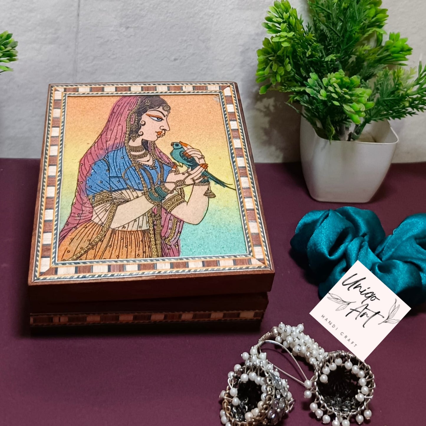 Uniqo Art Handcrafted & Hand-painted Wooden Jewellery Box | Velvet-Lined Organiser | Antique Cultural Design | Gift for Women (Brown)