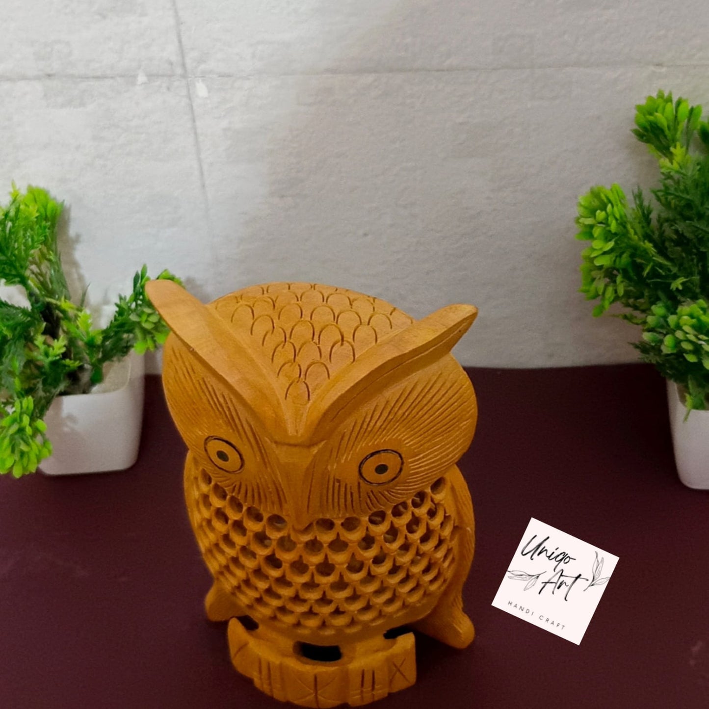 Uniqo Art Wooden Handcrafted Owl | Feng Shui & Vastu Lucky Charm Figurine | Home & Office Decorative Showpiece