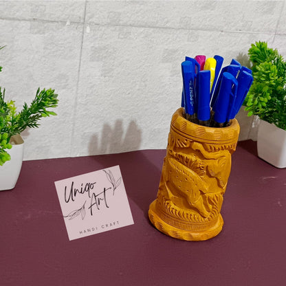 Wooden Pen Holder by Uniqo Art | Hand-Carved Lion Design | Eco-Friendly Desk Organizer