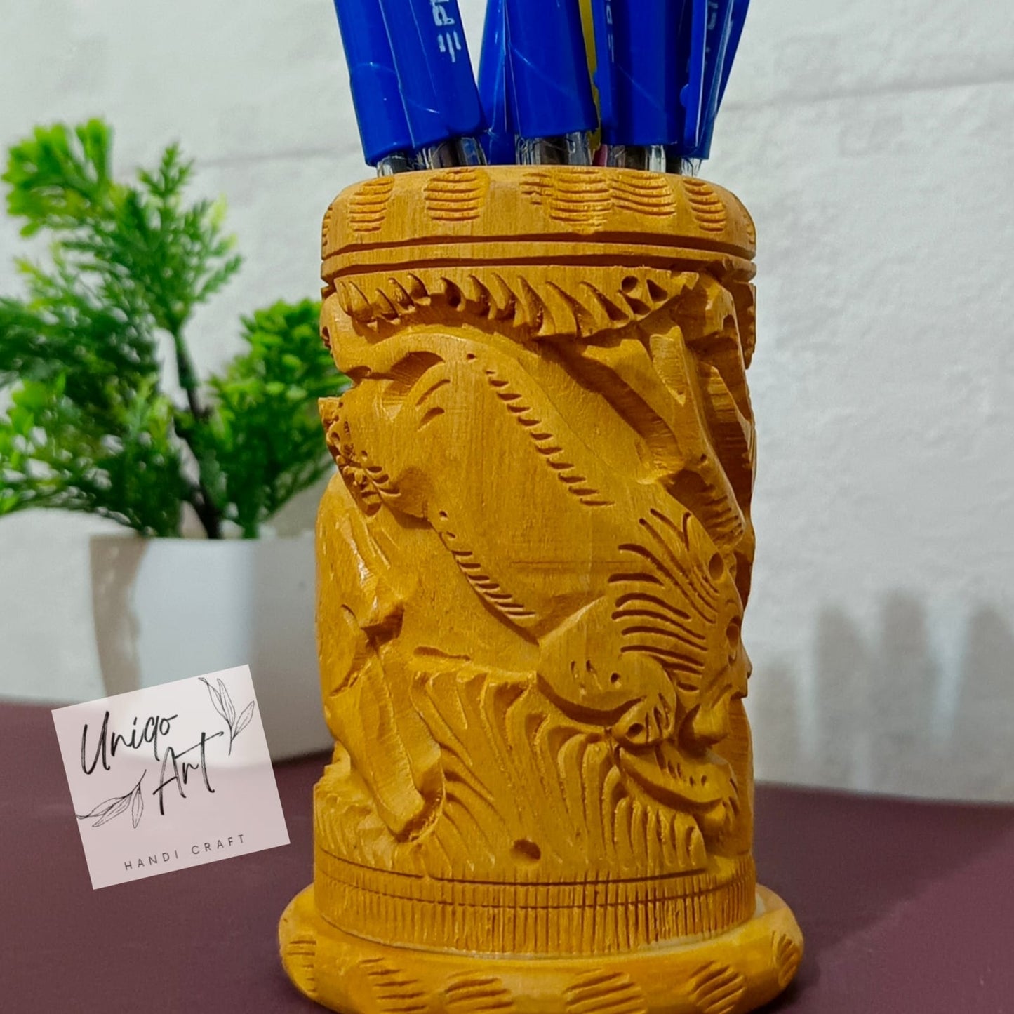 Wooden Pen Holder by Uniqo Art | Hand-Carved Lion Design | Eco-Friendly Desk Organizer