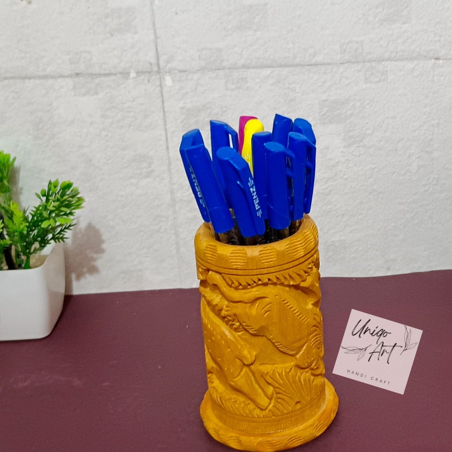 Wooden Pen Holder by Uniqo Art | Hand-Carved Lion Design | Eco-Friendly Desk Organizer