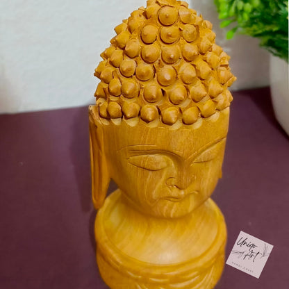 Art Deco Wooden Buddha Head Figurine – Perfect for Mandir & Office Spaces