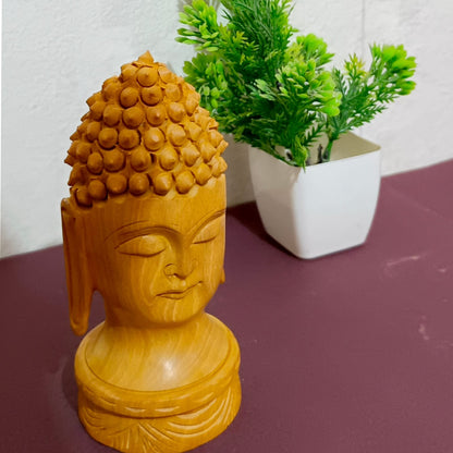 Art Deco Wooden Buddha Head Figurine – Perfect for Mandir & Office Spaces