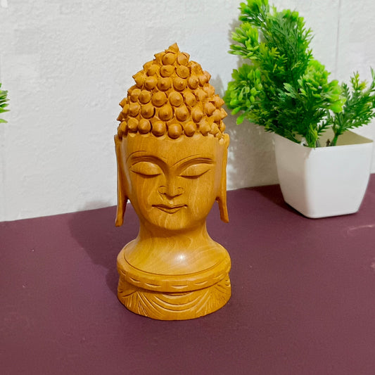 Art Deco Wooden Buddha Head Figurine – Perfect for Mandir & Office Spaces