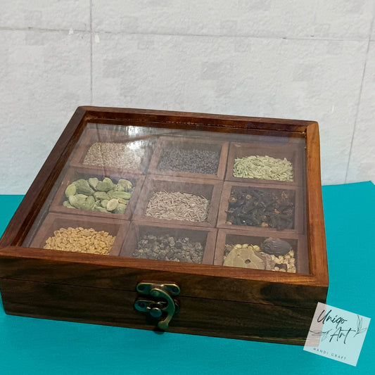 Uniqo Art Handcrafted Wooden Masala Dani – 9 Partition Spice Box with Spoon
