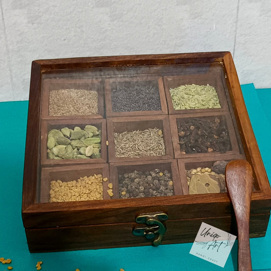 Uniqo Art Handcrafted Wooden Masala Dani – 9 Partition Spice Box with Spoon