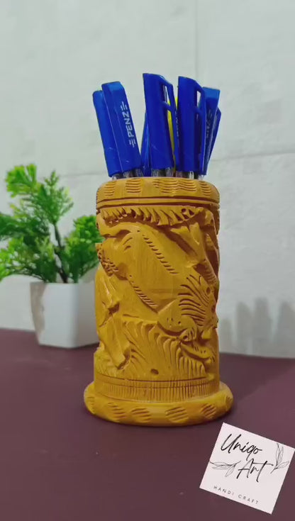 Wooden Pen Holder by Uniqo Art | Hand-Carved Lion Design | Eco-Friendly Desk Organizer